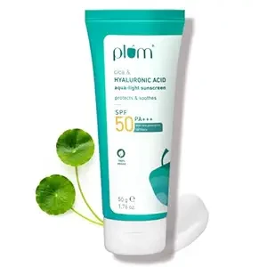 Plum Cica&Hyaluronic Acid Aqua-Light Sunscreen Spf 50 Pa+++|No White Cast,Lightweight,Non-Sticky|Dermat Tested|Protects&Soothes|All Skin Types|Sunscreen For Women&Men|100% Vegan|50 G