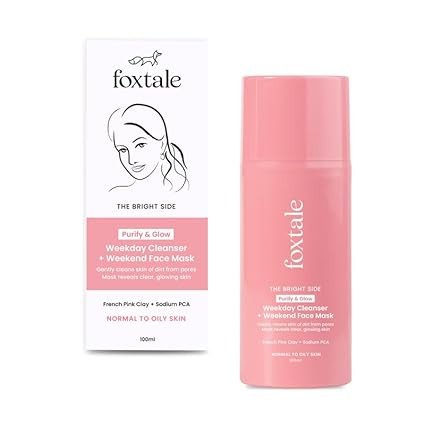 Foxtale Purify & Glow Cleanser + Clay Mask - Deep Cleanses Pores, Exfoliating Glow Facial, Instantly Gives Bright Skin, For Normal, Oily and Combination Skin, Men & Women - 100ml