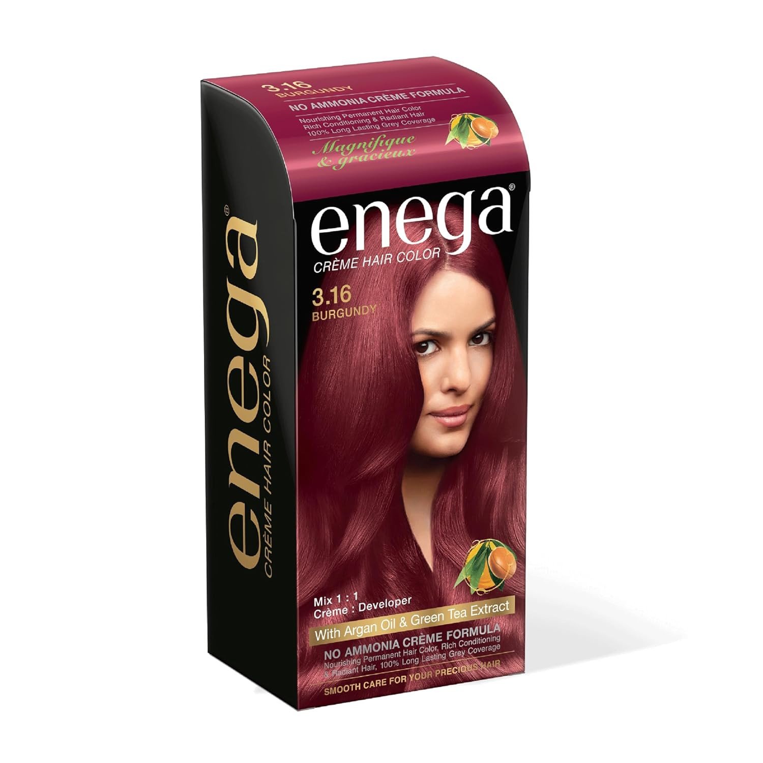 Enega No Ammonia Grey Coverage Long Lasting Creme Hair Color with Argan Oil & Green Tea Extract - Pack of 1(150 ML) Burgundy 3.16