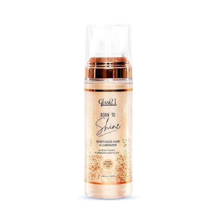 Glam21 Born to Shine Long Lasting | Non-transferrable | With Shimmer particles |Dewy Finish|Single illuminiser for hair, body and face| Golden| 100ml