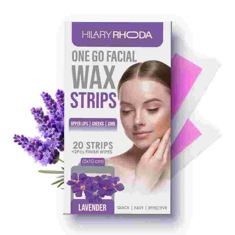 Hilary Rhoda One Go Facial Wax Strips | Ready-To-Use | Face, Cheek, Upper Lip & Chin Facial Wax | Painless Hair Removal | With 2 Finish Wipes | 20 Strips (Lavender)